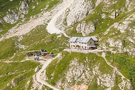 View from above Calvi mountain hut in Sesis valley, Sappada, dolomites, Friuli Venezia Giulia, Italy, Europe View from above Calvi mountain hut in Sesis valley, Sappada, dolomites, Friuli Venezia Giulia, Italy, Europe