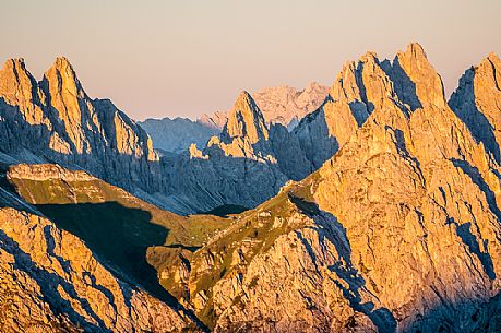 Sappada dolomites at sunrise from Sesis pass, dolomites, Friuli Venezia Giulia, Italy, Europe Sappada dolomites at sunrise from Sesis pass, dolomites, Friuli Venezia Giulia, Italy, Europe