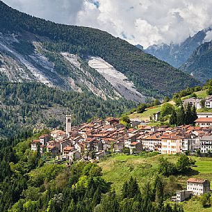 Erto village and the landslide of Toc mount in the background, Vajont dam disaster, Friuli Venezia Giulia, Italy, Europe