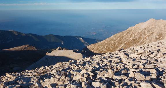Adriatic coast from Focalone mount, amphitheater of the Murelle, Majella national park, Abruzzo, Italy, Europe