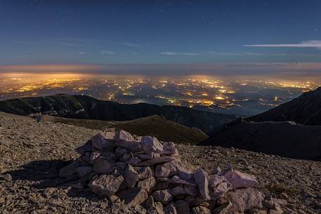 Adriatic coast lilluminated at twilight from the amphitheater of the Murelle, Majella national park, Abruzzo, Italy, Europe