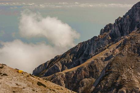 View from above of Carlo Fusco hut and the amphitheater of the Murelle, Majella national park, Abruzzo, Italy, Europe View from above of Carlo Fusco hut and the amphitheater of the Murelle, Majella national park, Abruzzo, Italy, Europe