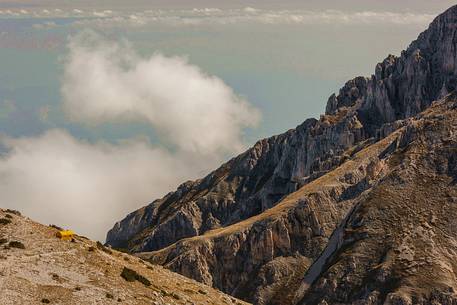 View from above of Carlo Fusco hut and the amphitheater of the Murelle, Majella national park, Abruzzo, Italy, Europe