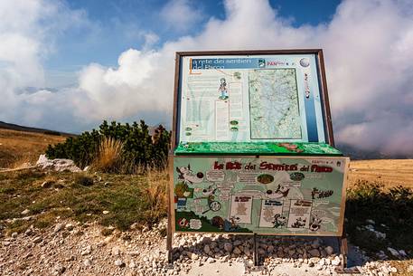 Billboard of Majella national park along  the path from Blockhouse peak, Murelle amphitheater, Majella national park, Abruzzo, Italy, Europe