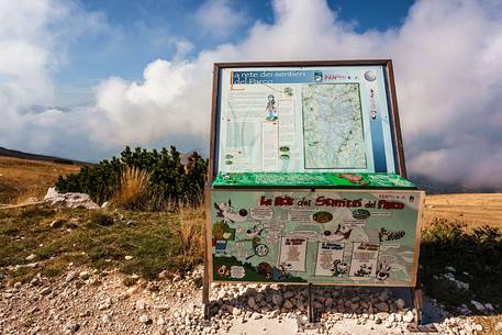 Billboard of Majella national park along the path from Blockhouse peak, Murelle amphitheater, Majella national park, Abruzzo, Italy, Europe Billboard of Majella national park along the path from Blockhouse peak, Murelle amphitheater, Majella national park, Abruzzo, Italy, Europe