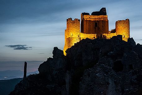 Rocca Calascio castle and the small villages in the valley at twilight, Gran Sasso national park, Abruzzo, Italy, Europe