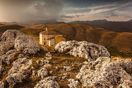 Madonna della Pietà church near Rocca Calascio with Gran Sasso mountain range in the background, Gran Sasso national park, Abruzzo, Italy, Europe Madonna della Pietà church near Rocca Calascio with Gran Sasso mountain range in the background, Gran Sasso national park, Abruzzo, Italy, Europe