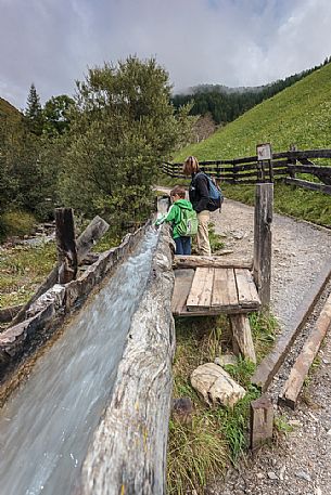Natural water running in the traditional wooden canal near a water mill, Longiar, Badia valley, dolomites, Trentino Alto Adige, Italy, Europe
