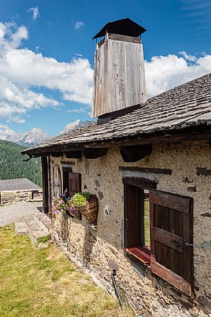 Side view of Ielma alm and in the background the Pesarine mountain range, Prato Carnico, Carnia, Friuli Venezia Giulia, dolomites, Italy, Europe