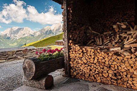 Woodshed detail of Ielma alm and in the background the dolomites, Prato Carnico, Carnia, Friuli Venezia Giulia, dolomites, Italy, Europe