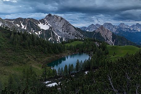 Aerial view of Bordaglia lake in Carnic alps, Forni Avoltri, Friuli Venezia Giulia, Italy, Europe