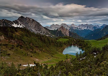 Aerial view of Bordaglia lake in Carnic alps, Forni Avoltri, Friuli Venezia Giulia, Italy, Europe