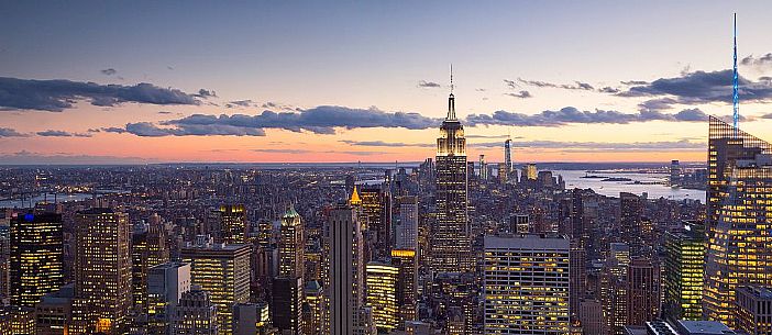 Cityscape with the Empire State Building at twilight, view from the Top of the Rock observation deck at Rockfeller Center, Manhattan, New York City, USA