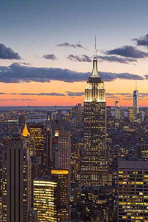 Cityscape with the Empire State Building at twilight, view from the Top of the Rock observation deck at Rockfeller Center, Manhattan, New York City, USA