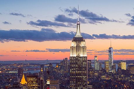 Cityscape with the Empire State Building at twilight, view from the Top of the Rock observation deck at Rockfeller Center, Manhattan, New York City, USA