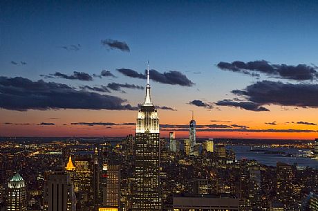 Cityscape with the Empire State Building at twilight, view from the Top of the Rock observation deck at Rockfeller Center, Manhattan, New York City, USA