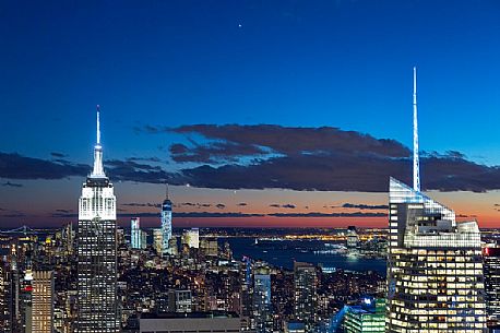 Cityscape with the Empire State Building by night, view from the Top of the Rock observation deck at Rockfeller Center, Manhattan, New York City, USA