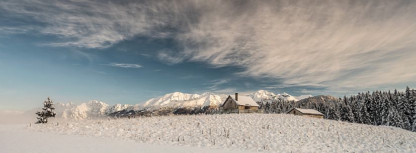 Winter in the Piana Cansiglio plateau and in the background the Monte Cavallo mountain range, Veneto, Italy, Europe