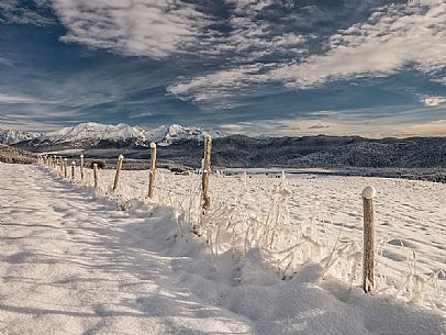 Winter path in the Piana Cansiglio plateau and in the background the Monte Cavallo mountain range, Veneto, Italy, Europe