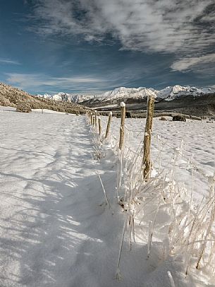 Winter path in the Piana Cansiglio plateau and in the background the Monte Cavallo mountain range, Veneto, Italy, Europe