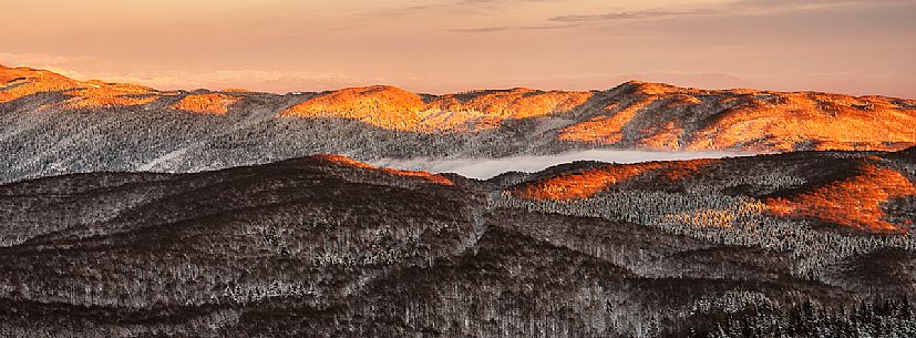 Panoramic view of the Cansiglio forest in a wintry sunrise, Veneto, Italy, Europe Panoramic view of the Cansiglio forest in a wintry sunrise, Veneto, Italy, Europe