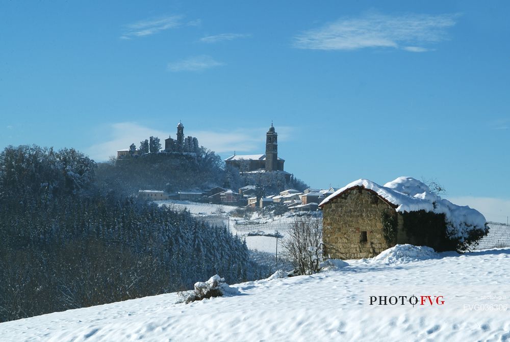 Winter view of Vignale Monferrato village with the church, the castle at a typical building, Monferrato, Piedmont, Italy, Europe