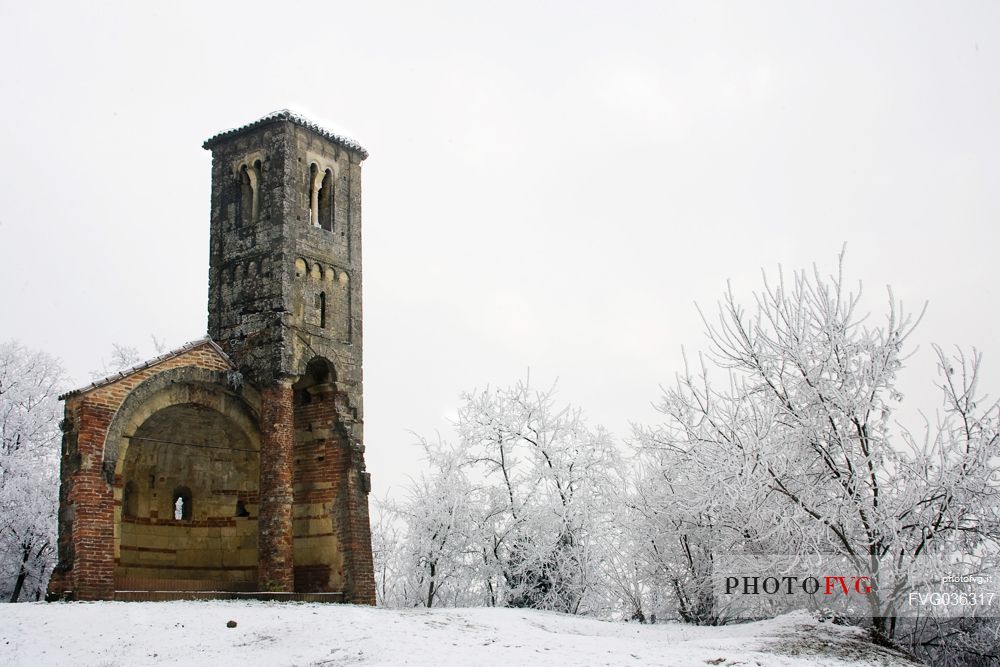 Snowy San Vittore Church of Montemagno, Monferrato, Piedmont, Italy, Europe