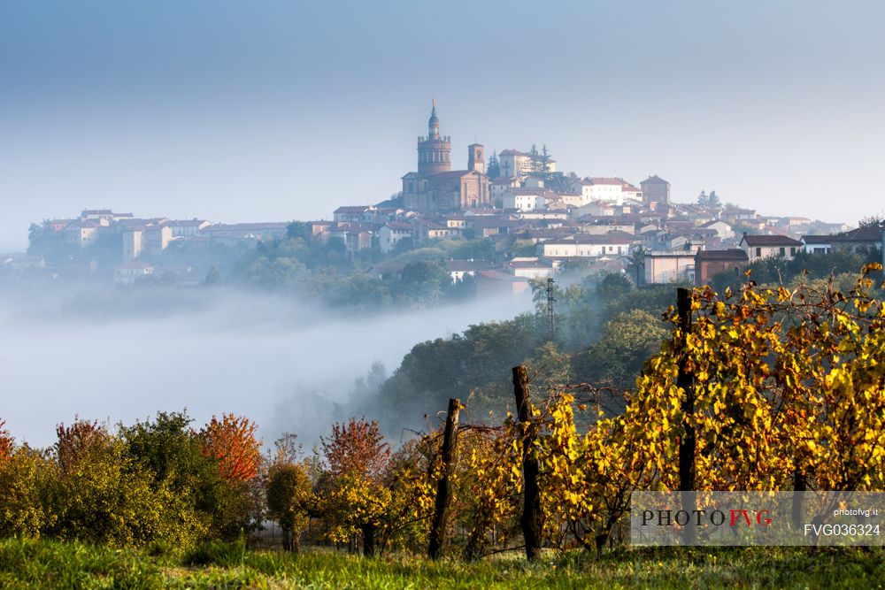 The wineyards in front of Camagna Monferrato in autumn in a foggy day, Monferrato, Piedmont, Italy, Europe