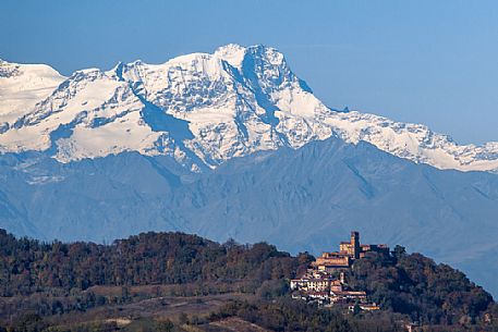 The castle of Camino and the snowy Rosa mount, Monferrato, Piedmont, Italy, Europe