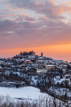 The small village of Rosignano Monferrato at dawn, after a snowfall, Monferrato, Piedmont, Italy, Europe The small village of Rosignano Monferrato at dawn, after a snowfall, Monferrato, Piedmont, Italy, Europe
