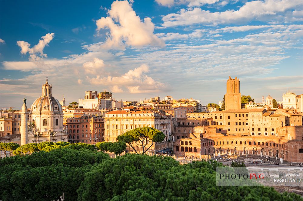 Beautiful point of view in Rome. You can see the traian markets on the right and the traian column on the left. In the foreground you can also see the maritime pines, which are typical of Rome's urban cityscape.