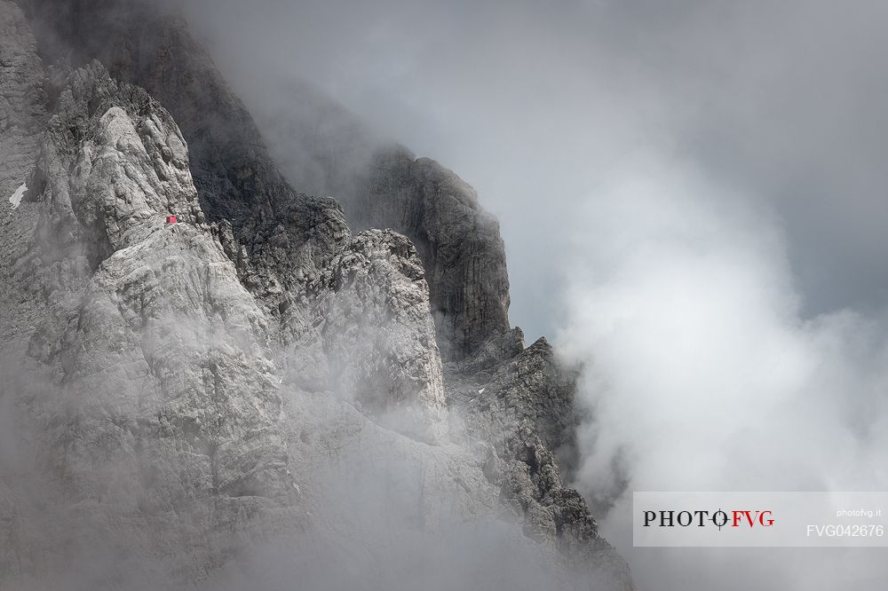 The Bafile bivouac is a small shelter located at the end of a via ferrata on Corno Grande in the Gran Sasso national park, Abruzzo, Italy, Europe
