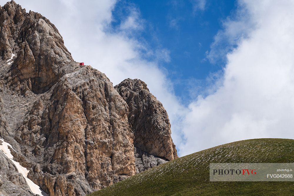 The Bafile bivouac is a small shelter located at the end of a via ferrata on Corno Grande in the Gran Sasso national park, Abruzzo, Italy, Europe
