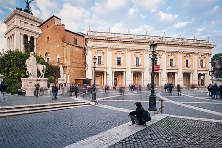 Piazza del Campidoglio is one of Rome's most beautiful squares, designed in the sixteenth century by Michelangelo and laid out between two summits of the Capitoline Hill, the most important of Rome's fabled seven hills. Piazza del Campidoglio is one of Rome's most beautiful squares, designed in the sixteenth century by Michelangelo and laid out between two summits of the Capitoline Hill, the most important of Rome's fabled seven hills.