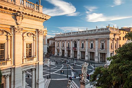 Piazza del Campidoglio is one of Rome's most beautiful squares, designed in the sixteenth century by Michelangelo and laid out between two summits of the Capitoline Hill, the most important of Rome's fabled seven hills. Piazza del Campidoglio is one of Rome's most beautiful squares, designed in the sixteenth century by Michelangelo and laid out between two summits of the Capitoline Hill, the most important of Rome's fabled seven hills.