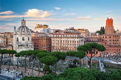 Beautiful point of view in Rome. You can see the traian markets on the right and the traian column on the left. In the foreground you can also see the maritime pines, which are typical of Rome's urban cityscape.