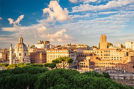 Beautiful point of view in Rome. You can see the traian markets on the right and the traian column on the left. In the foreground you can also see the maritime pines, which are typical of Rome's urban cityscape.