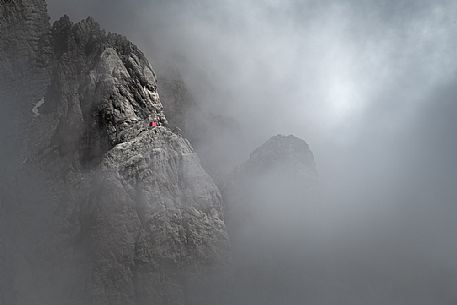 The Bafile bivouac is a small shelter located at the end of a via ferrata on Corno Grande in the Gran Sasso national park, Abruzzo, Italy, Europe
