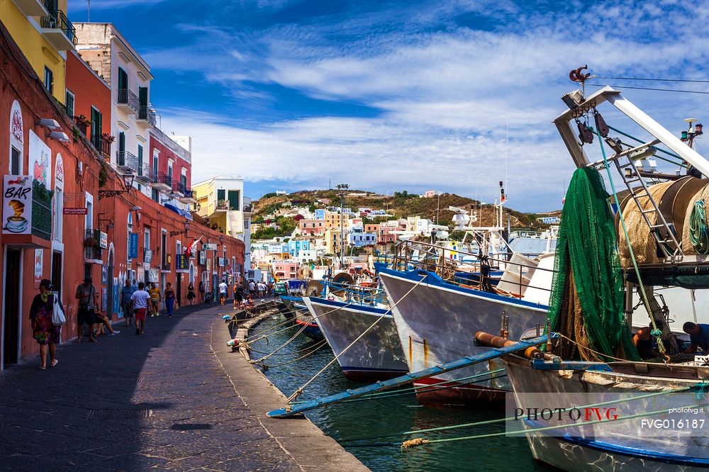 The beautiful and colored old village of Ponza Island with fishing boats in the harbour