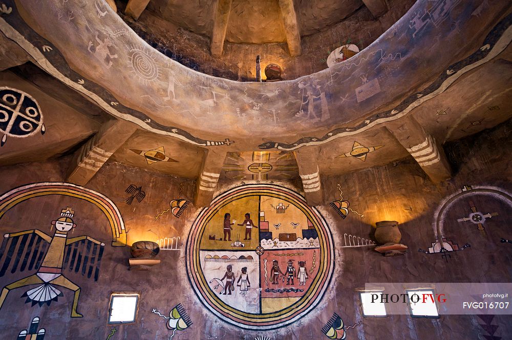 The Desert View Watchtower (1932) is one of several buildings at Grand Canyon designed by the architect Mary Colter. Inside there are murals by Hopi painter Fred Kabotie 