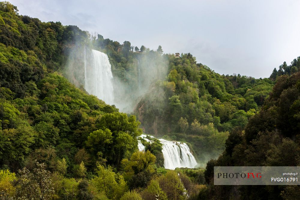 The Marmore waterfall in springtime, surrounded by green woods
