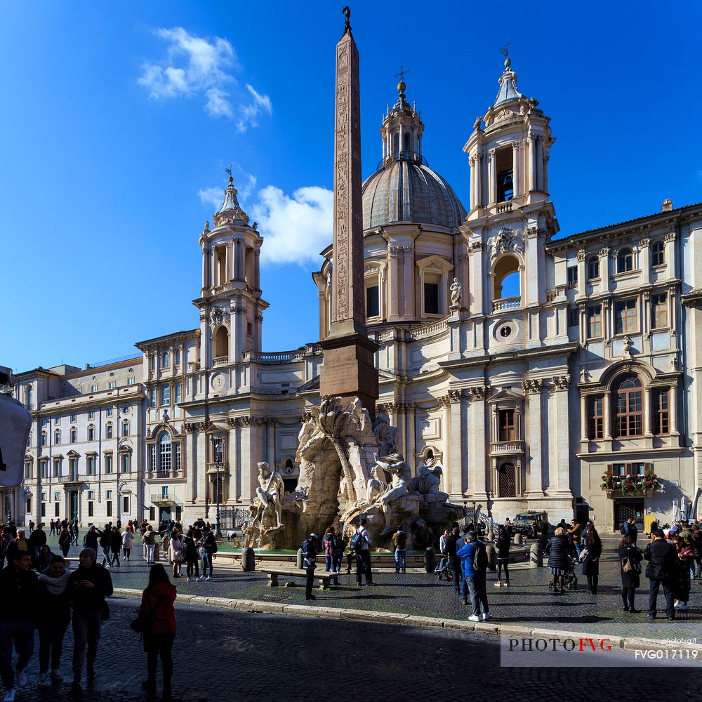 Rome. The fountain of the four Rivers (of the Bernini) in plaza Navona with the church of S. Agnese (of the Borromini) on the background.