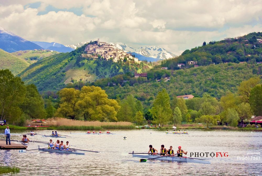 The ancient medieval village of Labro, in  Rieti's province, Lazio. On the background  mountains, covered by snow. Piediluco's lake waters in foreground.