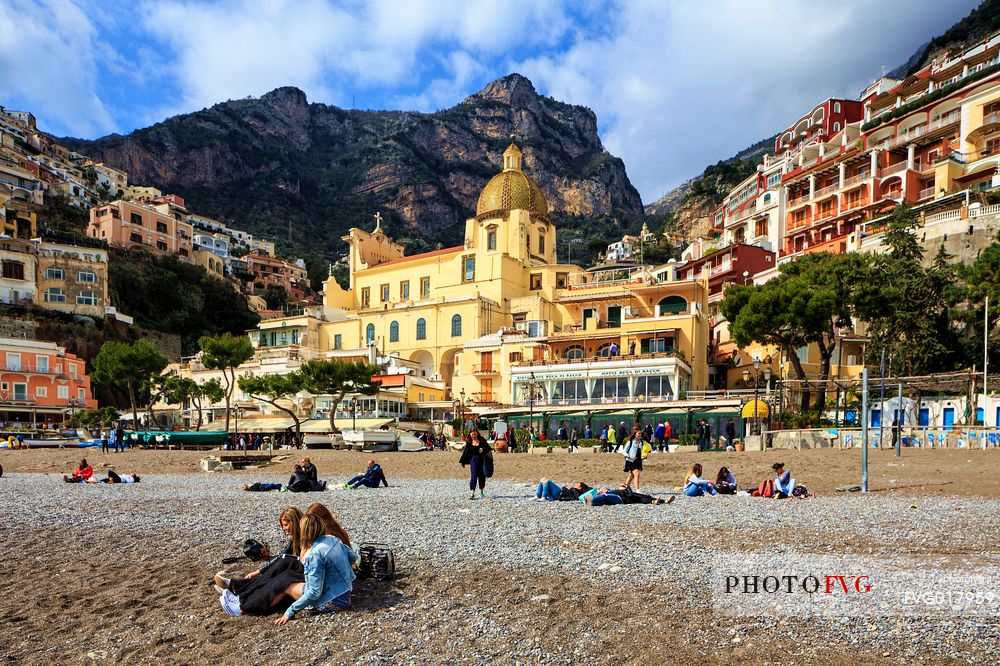 Positano, typical village of Amalfi coast, seen from the beach