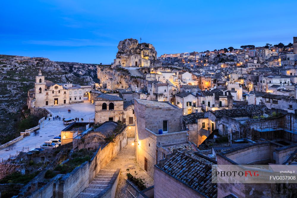 Nightscape of Sasso Caveoso, Matera, Basilicata, Italy, Europe