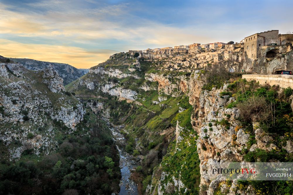 Sunrise on Sasso Caveoso and Gravina, Matera, Basilicata, Italy, Europe