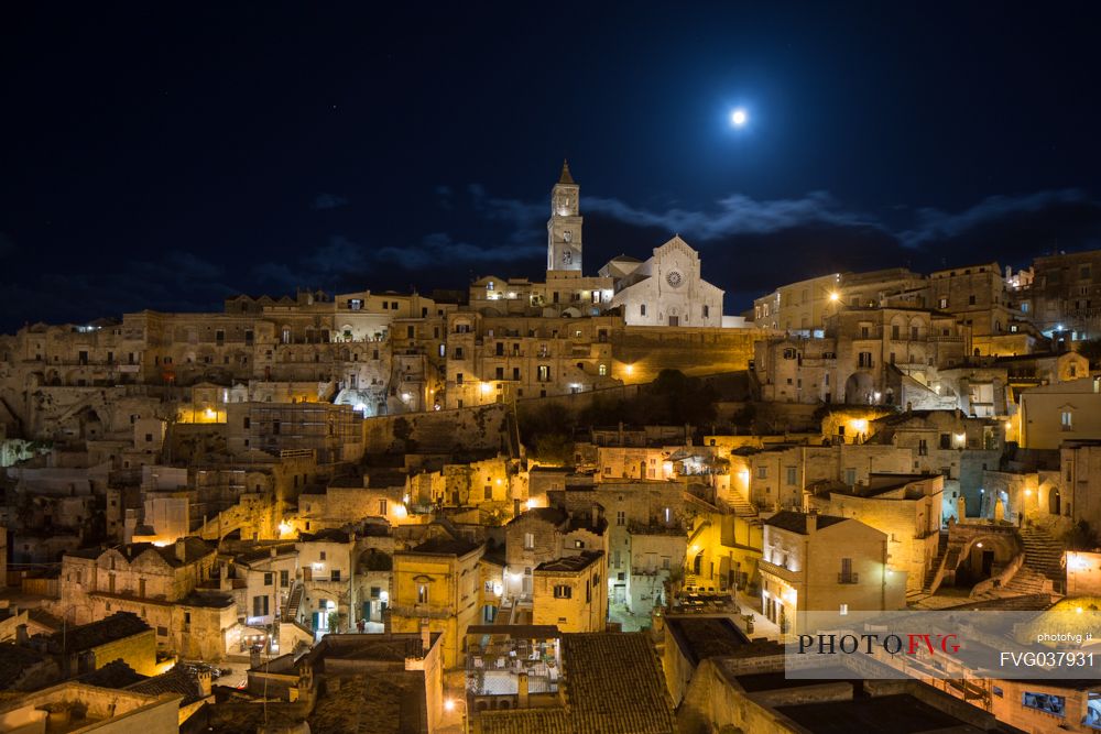 Nightscape of Sasso Barisano with cathedral, Matera, Basilicata, Italy