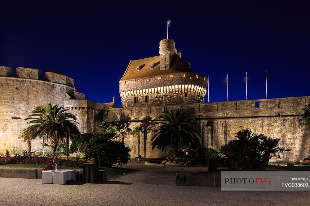 Night image of the historic castle of Saint Malo, Brittany, France, Europe