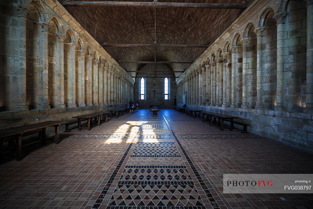 Gothic refectory hall, Mont Saint Michel, Normandy, France, Europe.