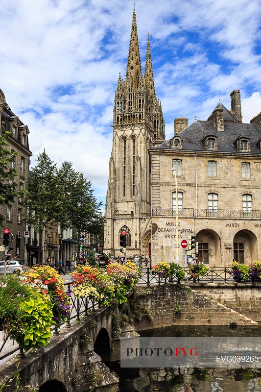 View of the bell tower of Saint Corentin cathedral, Quimper, capital of French Cornwall, Britanny, France, Europe